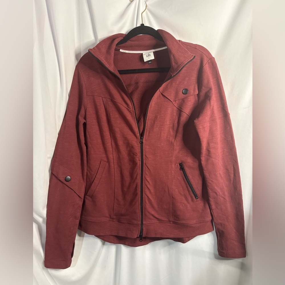 Cabi French Knit Training Jacket Wine Red 2 Way Zipper Women’s size small